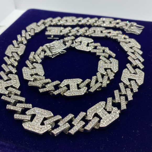 Iced Out Prong Cuban Link Chain  Necklace Bracelet SET - Picture 2 of 5